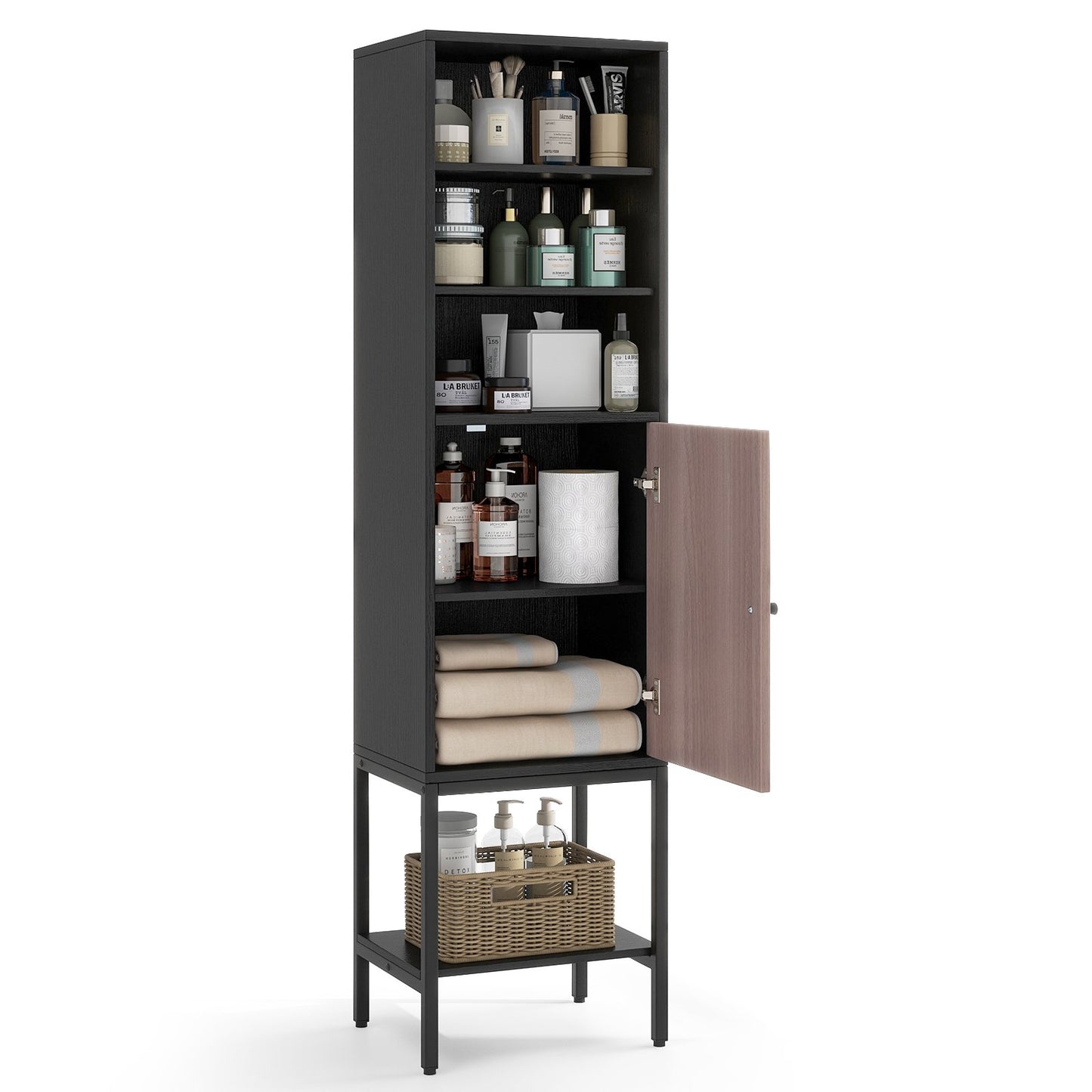 57 Inch Bathroom Tall Cabinet with 1 Door and 4 Shelves Narrow Storage Unit, Black Floor Cabinets Black  at Gallery Canada