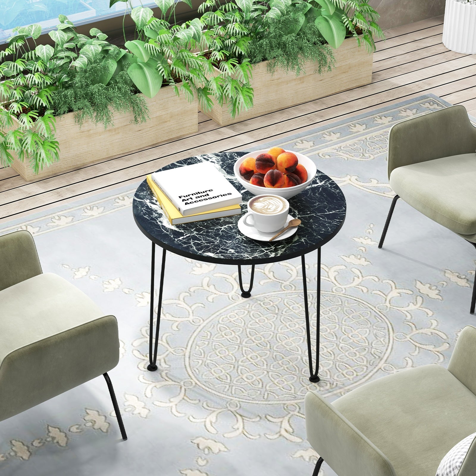 Round Coffee Table with Thickened Tabletop and Metal Tripod Legs, Black End & Side Tables   at Gallery Canada