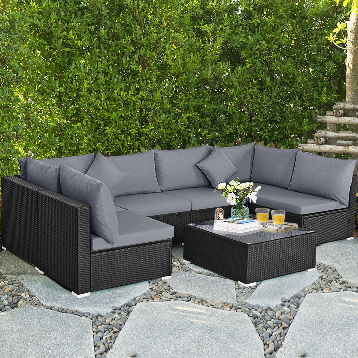 7 Pieces Sectional Wicker Furniture Sofa Set with Tempered Glass Top Coffee Table, Gray Outdoor Sectionals   at Gallery Canada