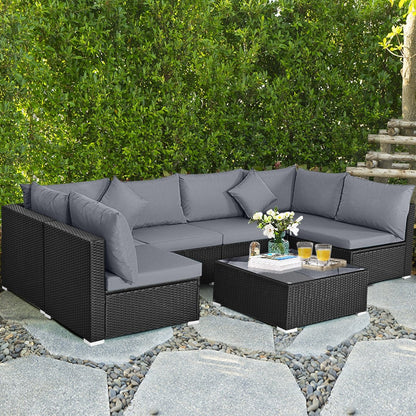 7 Pieces Sectional Wicker Furniture Sofa Set with Tempered Glass Top Coffee Table, Gray Outdoor Sectionals   at Gallery Canada