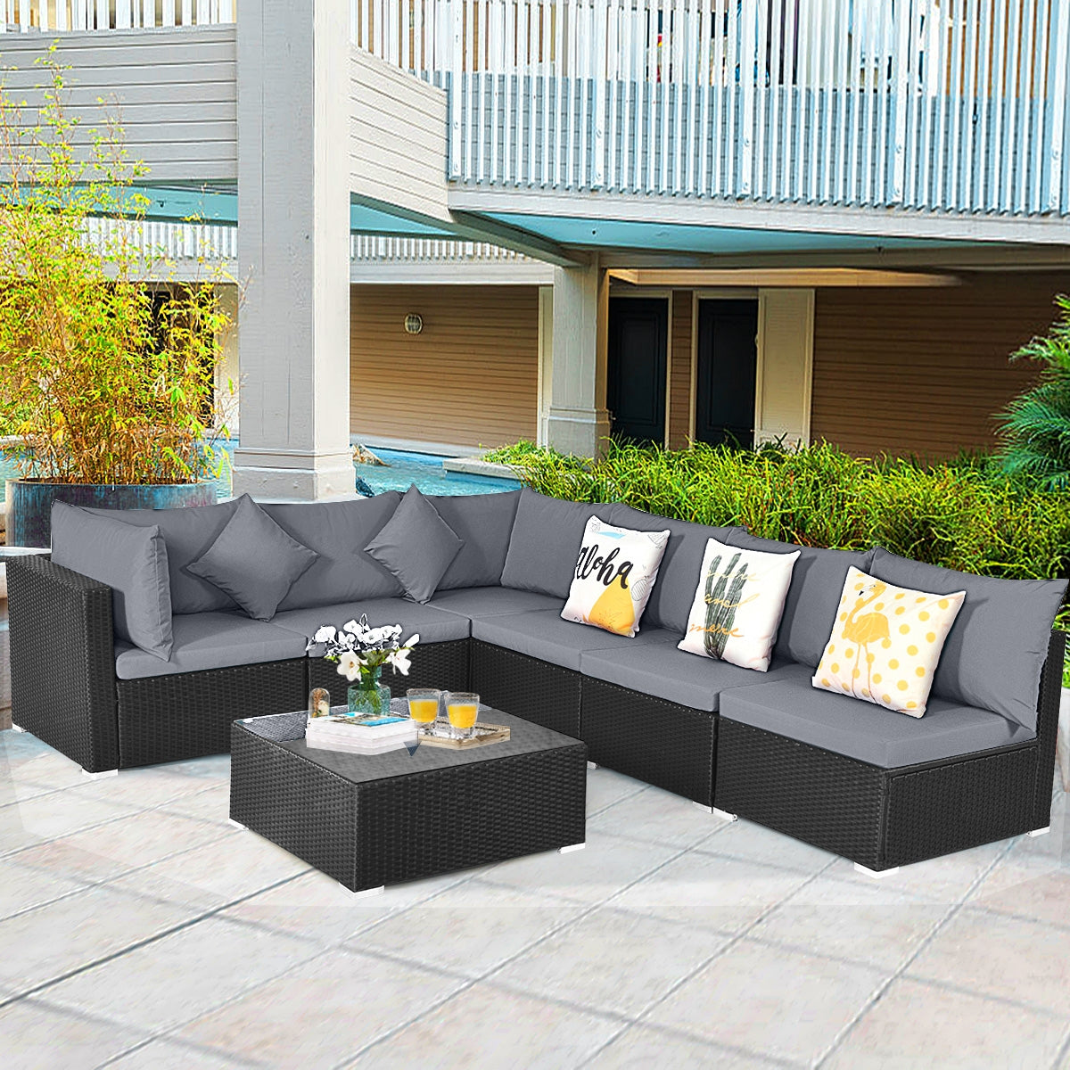 7 Pieces Sectional Wicker Furniture Sofa Set with Tempered Glass Top Coffee Table, Gray Outdoor Sectionals   at Gallery Canada