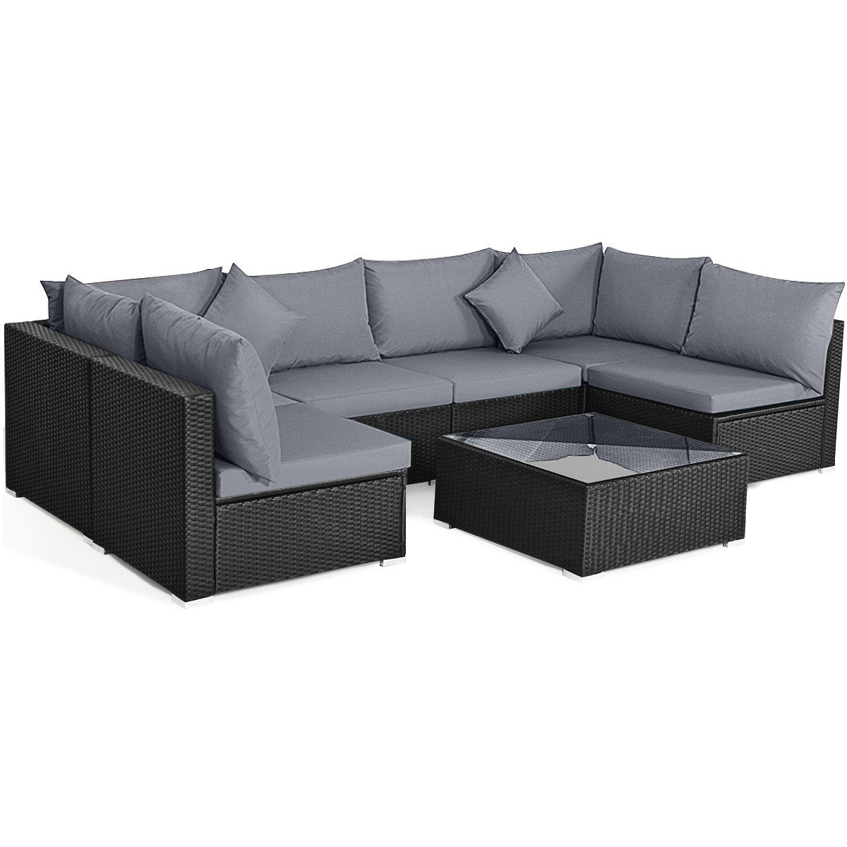 7 Pieces Sectional Wicker Furniture Sofa Set with Tempered Glass Top Coffee Table, Gray Outdoor Sectionals Gray  at Gallery Canada