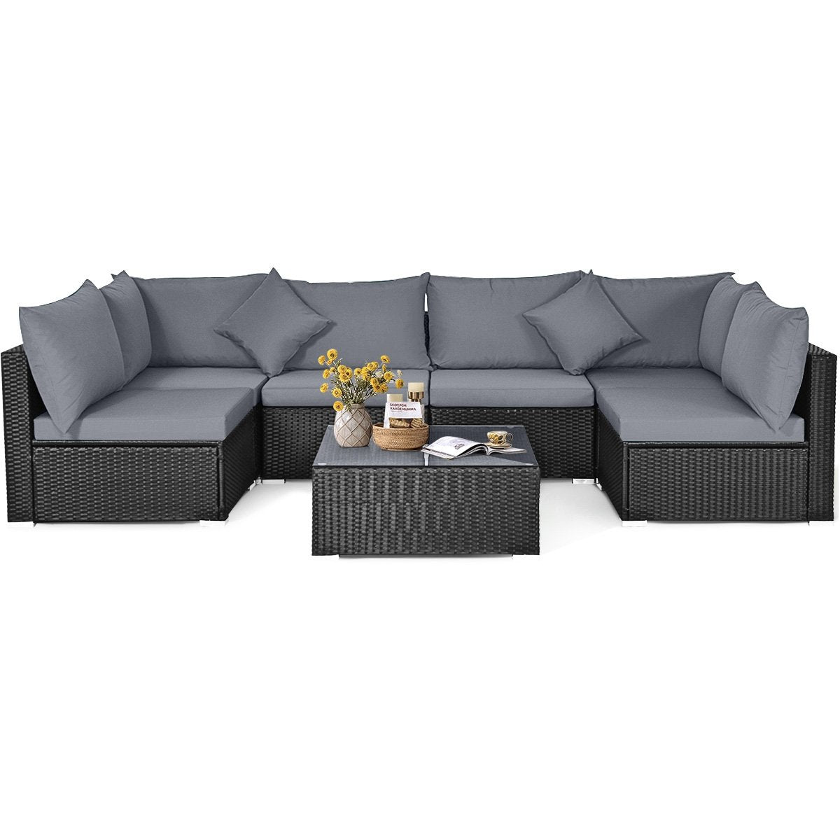 7 Pieces Sectional Wicker Furniture Sofa Set with Tempered Glass Top Coffee Table, Gray Outdoor Sectionals   at Gallery Canada