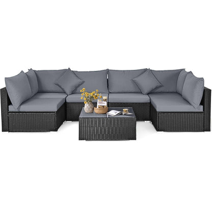 7 Pieces Sectional Wicker Furniture Sofa Set with Tempered Glass Top Coffee Table, Gray Outdoor Sectionals   at Gallery Canada