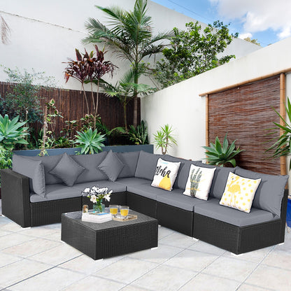 7 Pieces Sectional Wicker Furniture Sofa Set with Tempered Glass Top Coffee Table, Gray Outdoor Sectionals   at Gallery Canada