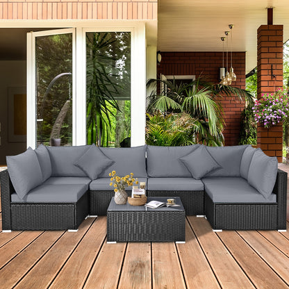 7 Pieces Sectional Wicker Furniture Sofa Set with Tempered Glass Top Coffee Table, Gray Outdoor Sectionals   at Gallery Canada