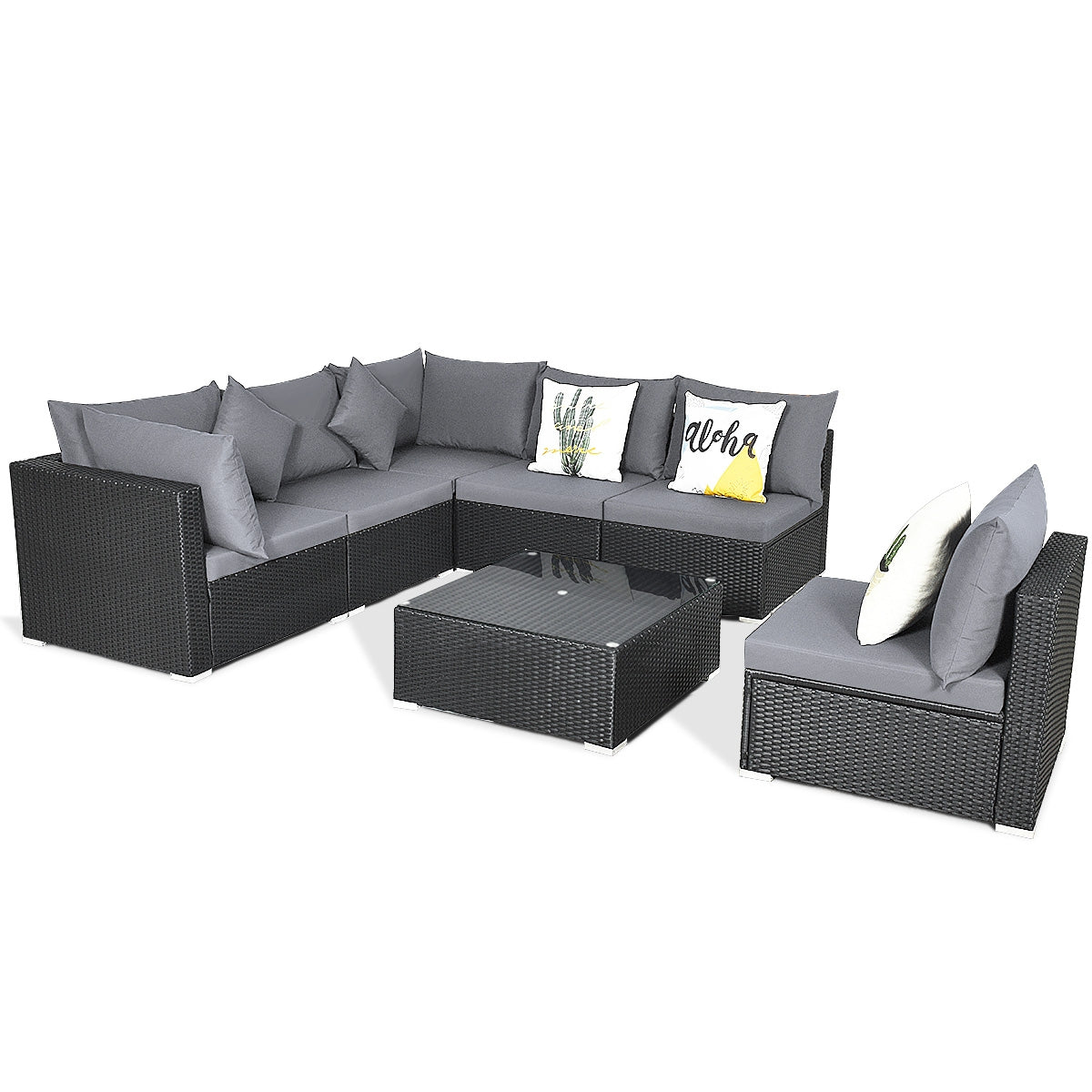 7 Pieces Sectional Wicker Furniture Sofa Set with Tempered Glass Top Coffee Table, Gray Outdoor Sectionals   at Gallery Canada