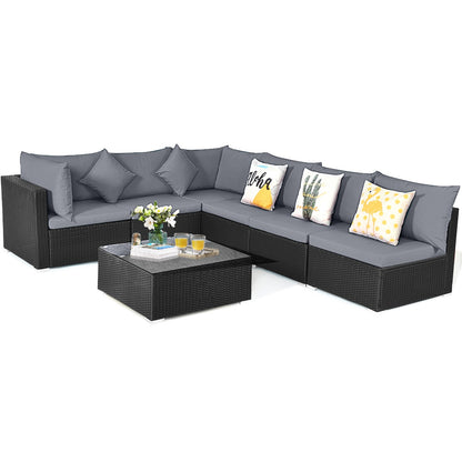 7 Pieces Sectional Wicker Furniture Sofa Set with Tempered Glass Top Coffee Table, Gray Outdoor Sectionals   at Gallery Canada