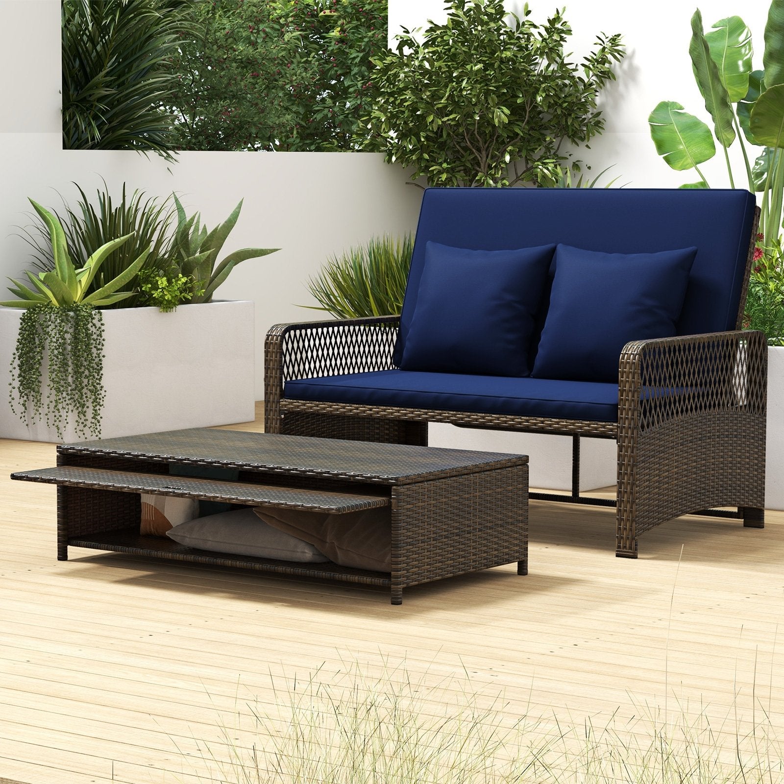 Patio Adjustable Wicker Daybed with 4-Level Backrest and Soft Cushions, Navy Outdoor Sectionals   at Gallery Canada