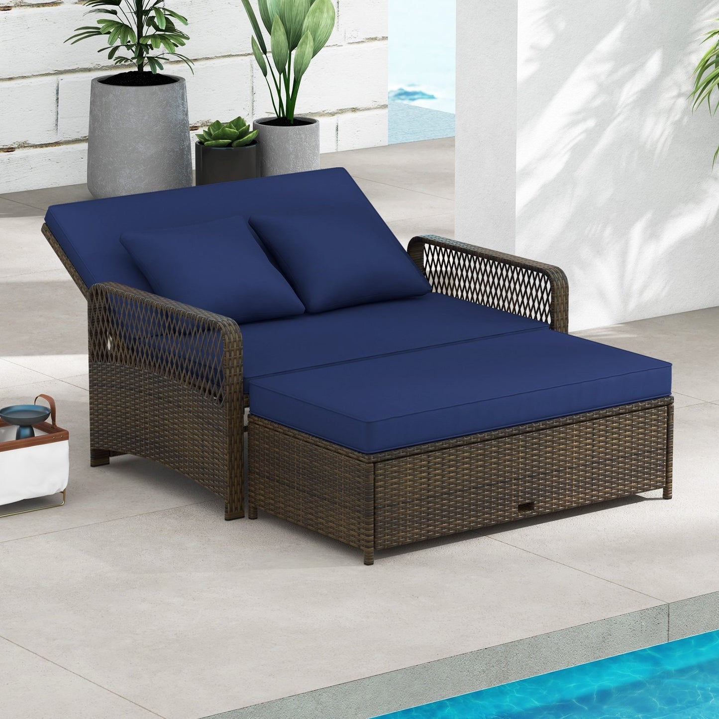 Patio Adjustable Wicker Daybed with 4-Level Backrest and Soft Cushions, Navy Outdoor Sectionals   at Gallery Canada