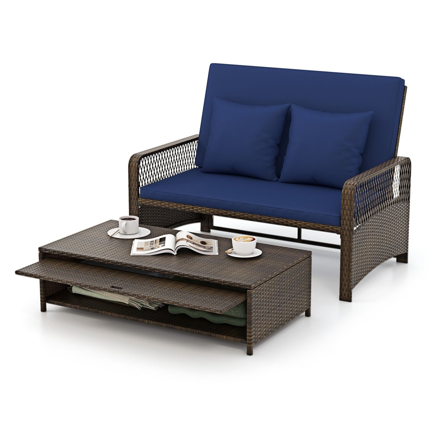 Patio Adjustable Wicker Daybed with 4-Level Backrest and Soft Cushions, Navy Outdoor Sectionals   at Gallery Canada