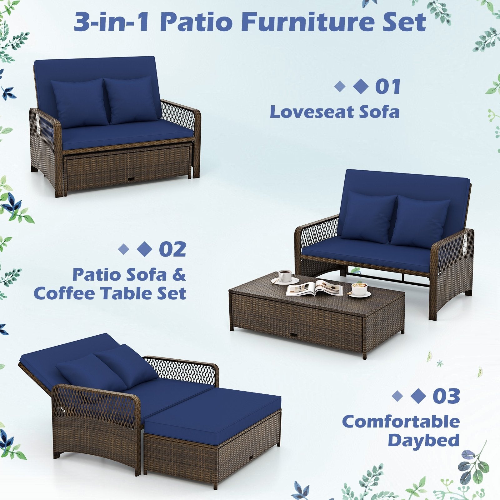 Patio Adjustable Wicker Daybed with 4-Level Backrest and Soft Cushions, Navy Outdoor Sectionals   at Gallery Canada