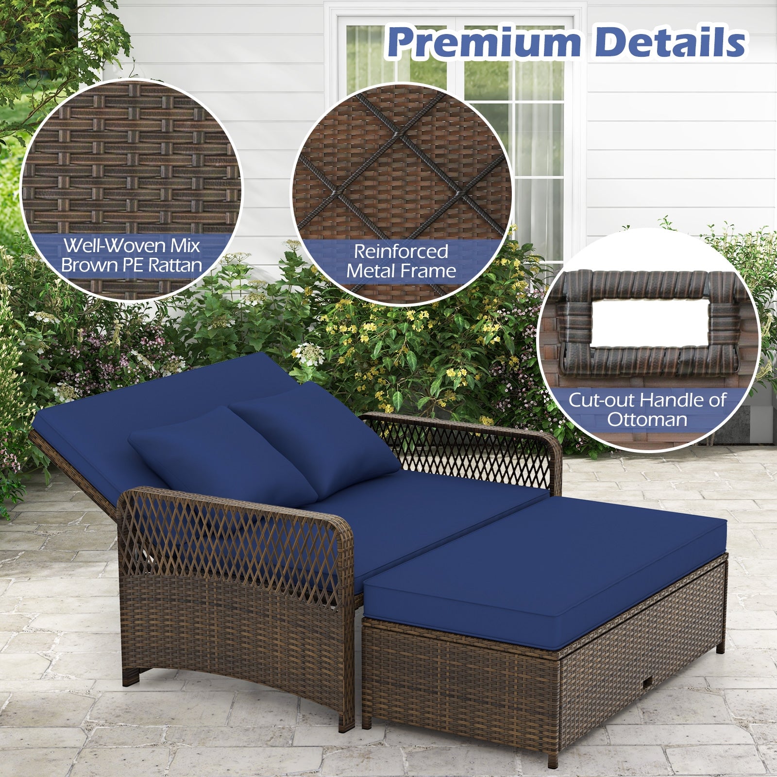 Patio Adjustable Wicker Daybed with 4-Level Backrest and Soft Cushions, Navy Outdoor Sectionals   at Gallery Canada