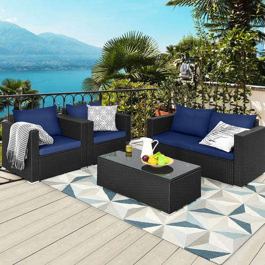 4 Pieces Patio Rattan Conversation Set with Padded Cushions, Navy Patio Conversation Sets Navy  at Gallery Canada