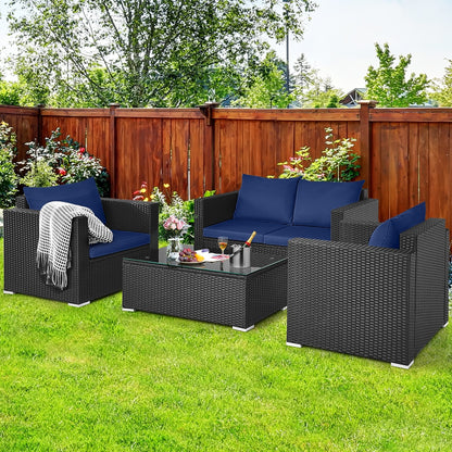 4 Pieces Patio Rattan Conversation Set with Padded Cushions, Navy Patio Conversation Sets   at Gallery Canada