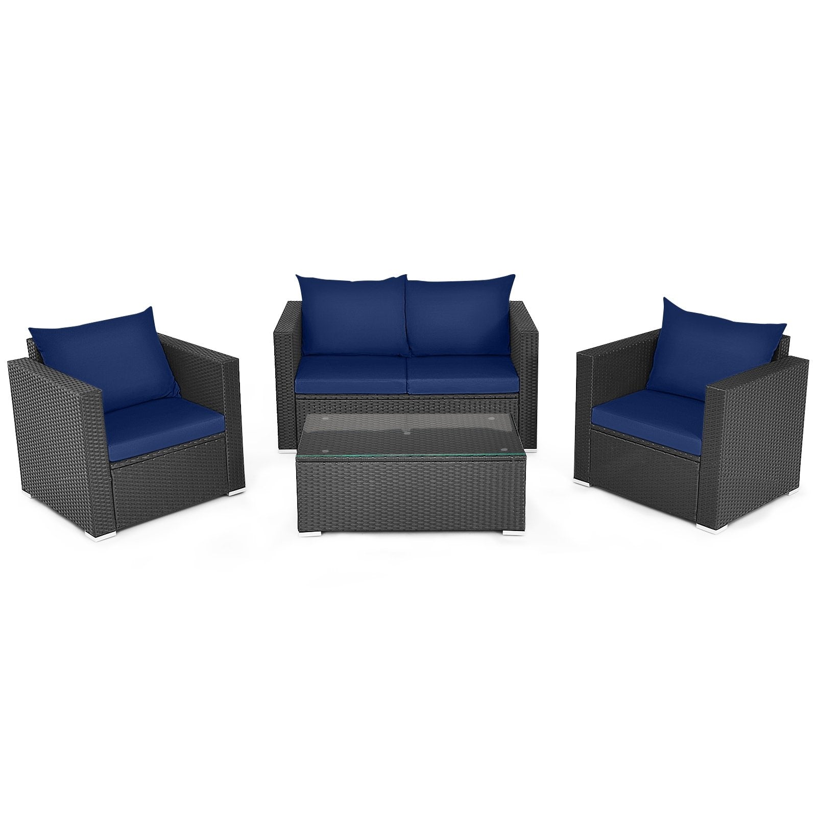 4 Pieces Patio Rattan Conversation Set with Padded Cushions, Navy Patio Conversation Sets Navy  at Gallery Canada