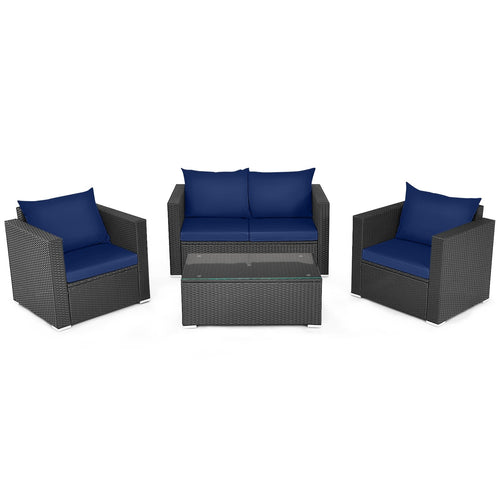 4 Pieces Patio Rattan Conversation Set with Padded Cushions, Navy