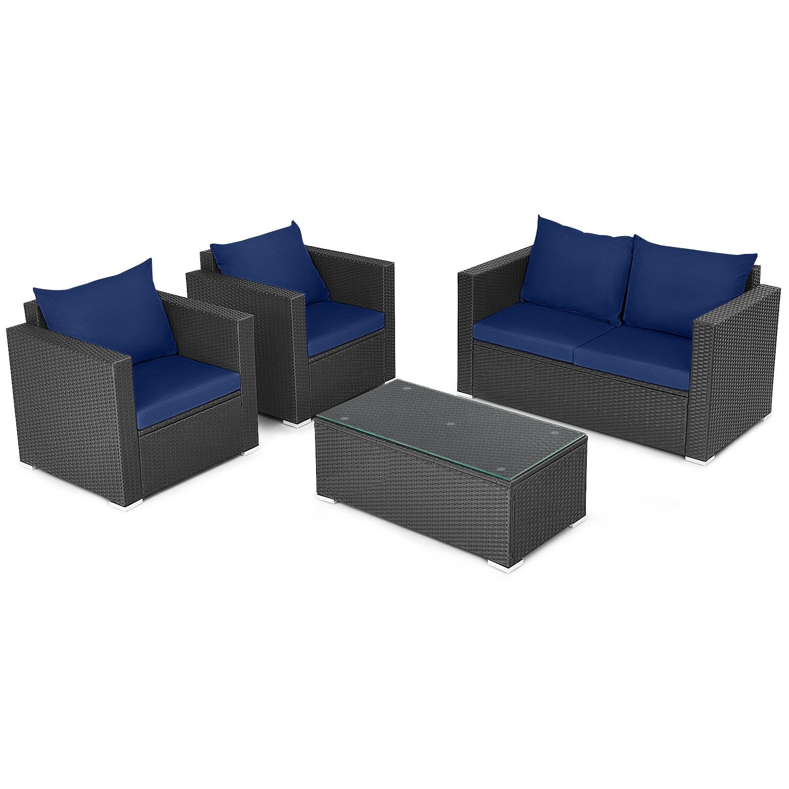 4 Pieces Patio Rattan Conversation Set with Padded Cushions, Navy Patio Conversation Sets   at Gallery Canada