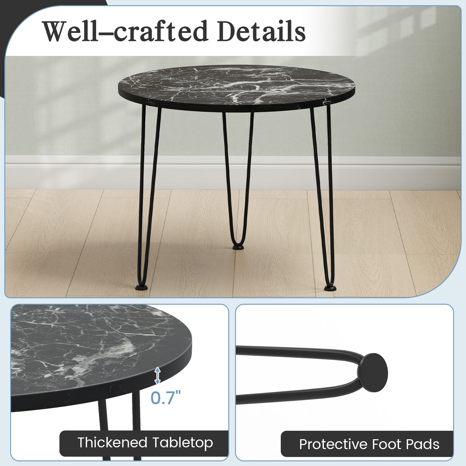 Round Coffee Table with Thickened Tabletop and Metal Tripod Legs, Black End & Side Tables   at Gallery Canada