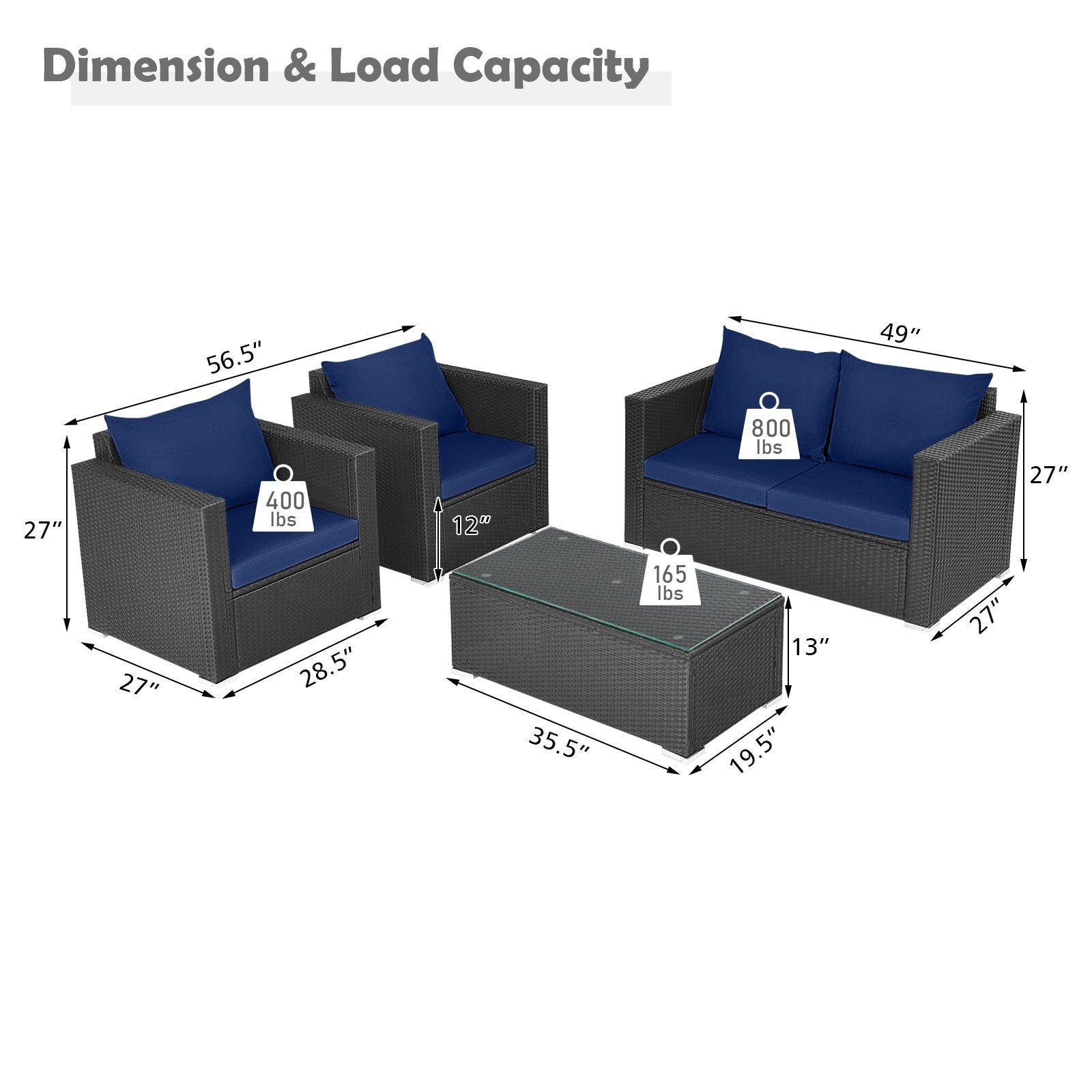 4 Pieces Patio Rattan Conversation Set with Padded Cushions, Navy Patio Conversation Sets   at Gallery Canada