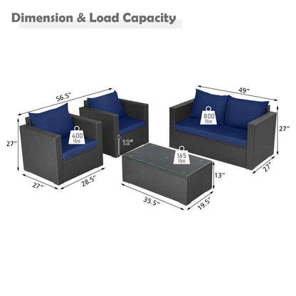 4 Pieces Patio Rattan Conversation Set with Padded Cushions, Navy Patio Conversation Sets   at Gallery Canada