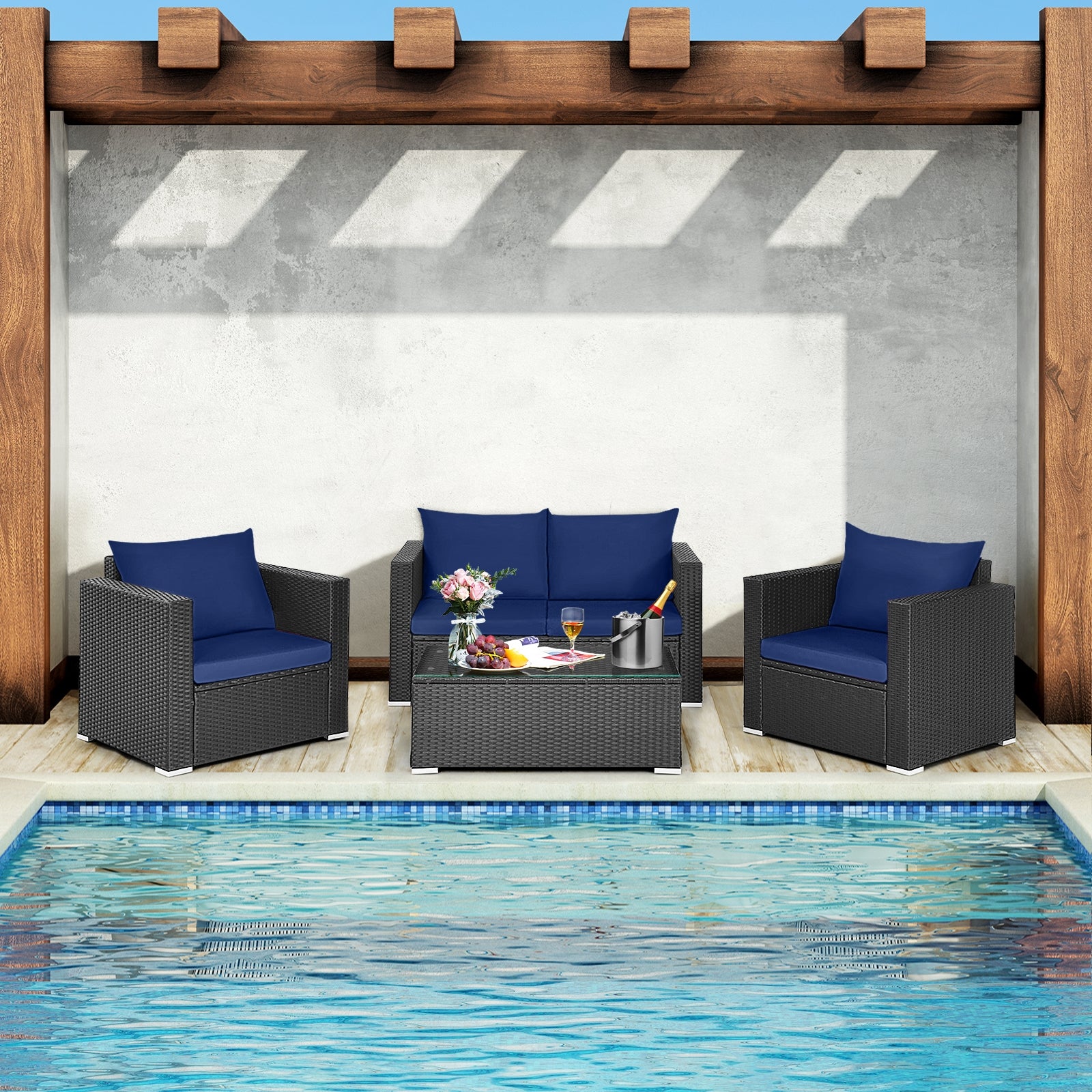 4 Pieces Patio Rattan Conversation Set with Padded Cushions, Navy Patio Conversation Sets   at Gallery Canada