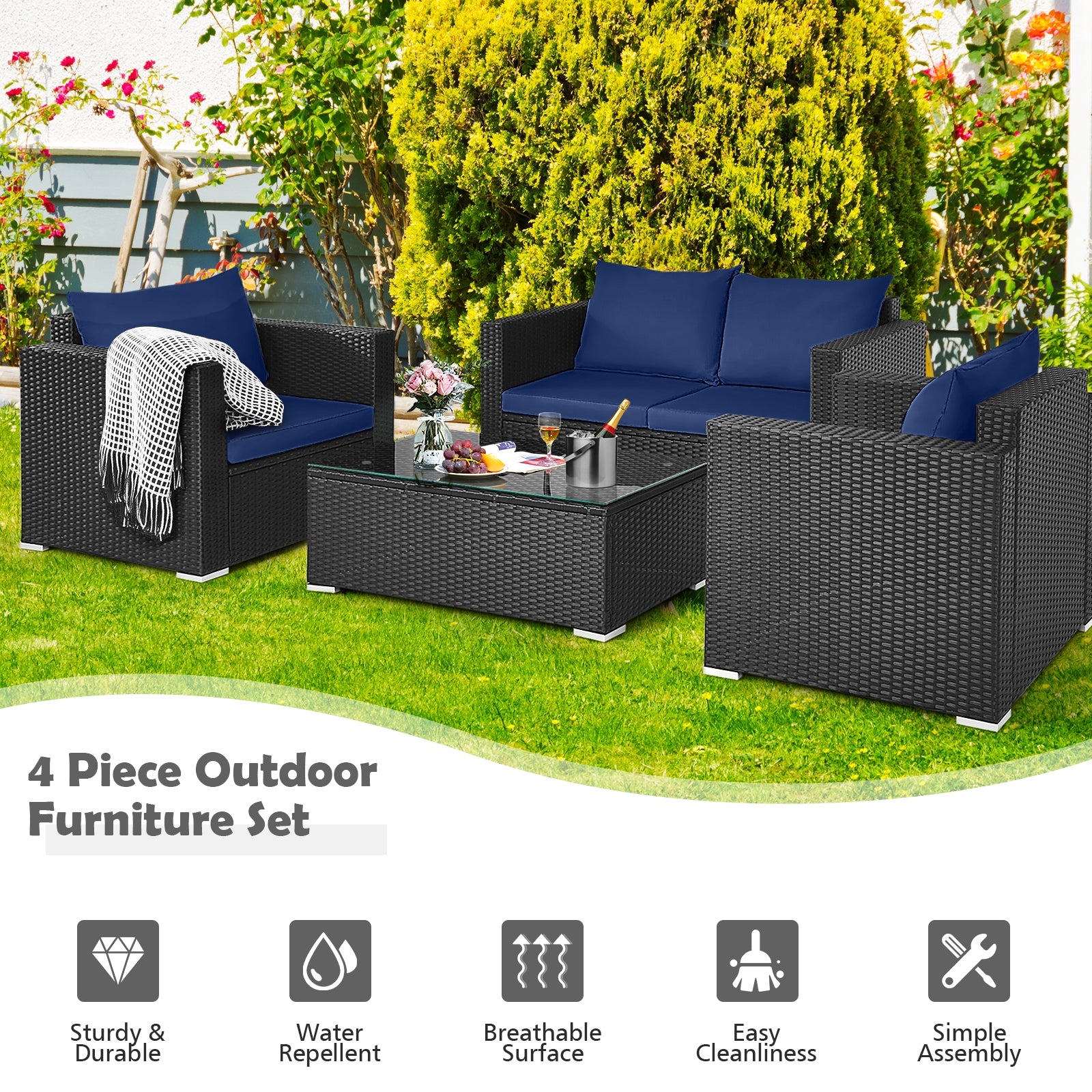 4 Pieces Patio Rattan Conversation Set with Padded Cushions, Navy Patio Conversation Sets   at Gallery Canada