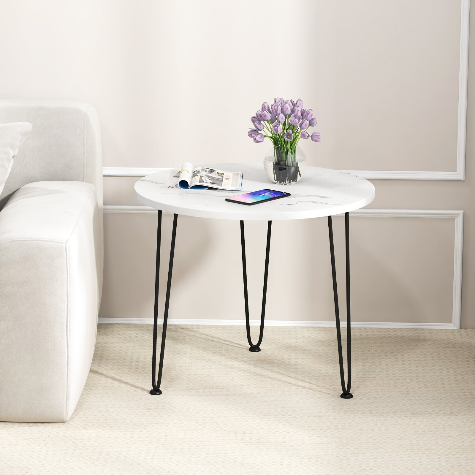 Round Coffee Table with Thickened Tabletop and Metal Tripod Legs, White End & Side Tables   at Gallery Canada