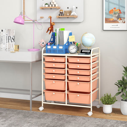 12-Drawer Rolling Storage Cart with Removable Drawers and Lockable Wheels, Peach File Cabinets   at Gallery Canada