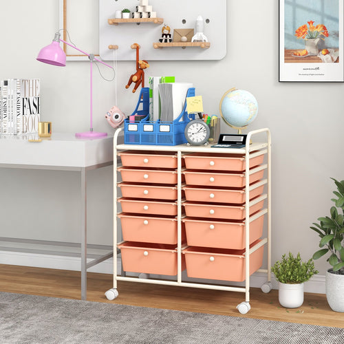 12-Drawer Rolling Storage Cart with Removable Drawers and Lockable Wheels, Peach