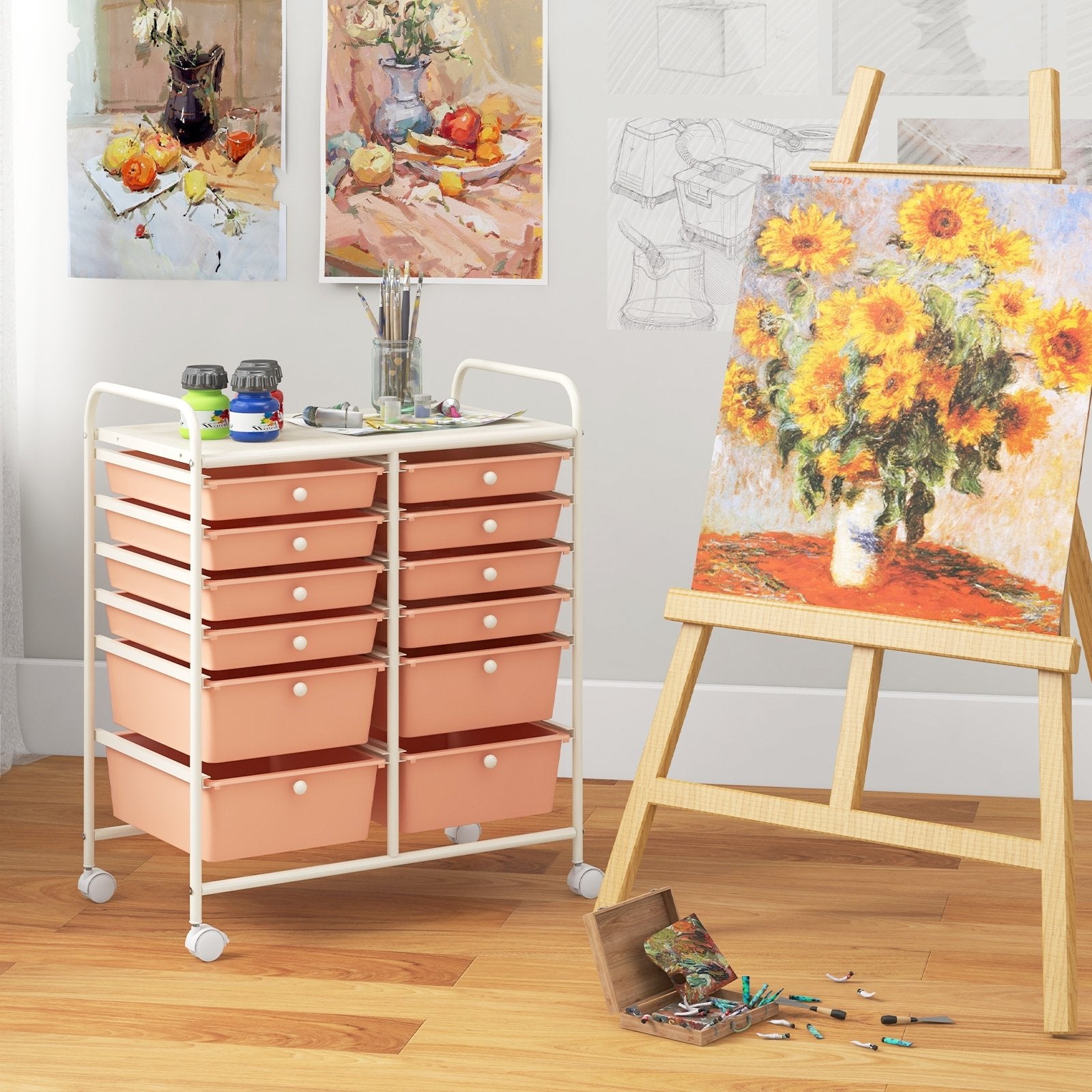 12-Drawer Rolling Storage Cart with Removable Drawers and Lockable Wheels, Peach File Cabinets   at Gallery Canada