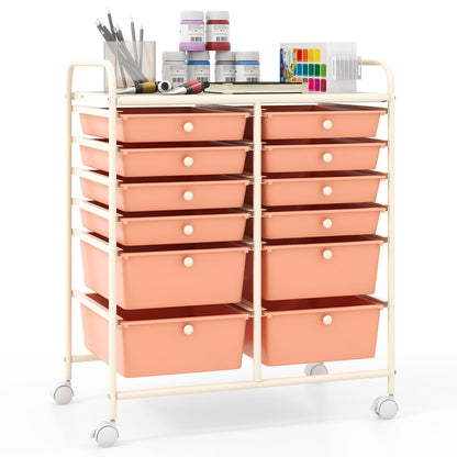 12-Drawer Rolling Storage Cart with Removable Drawers and Lockable Wheels, Peach File Cabinets   at Gallery Canada