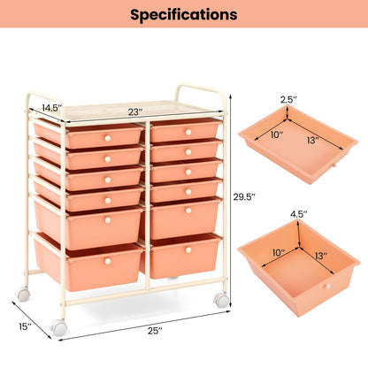 12-Drawer Rolling Storage Cart with Removable Drawers and Lockable Wheels, Peach File Cabinets   at Gallery Canada