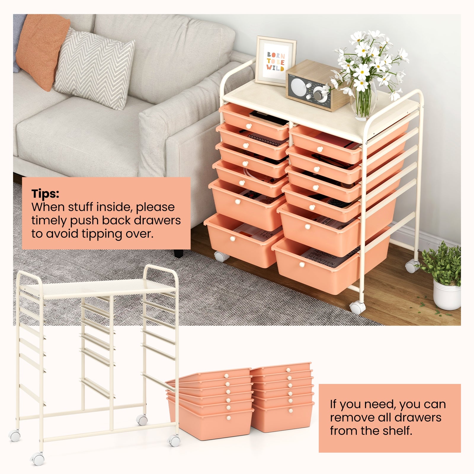 12-Drawer Rolling Storage Cart with Removable Drawers and Lockable Wheels, Peach File Cabinets   at Gallery Canada