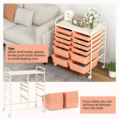 12-Drawer Rolling Storage Cart with Removable Drawers and Lockable Wheels, Peach File Cabinets   at Gallery Canada