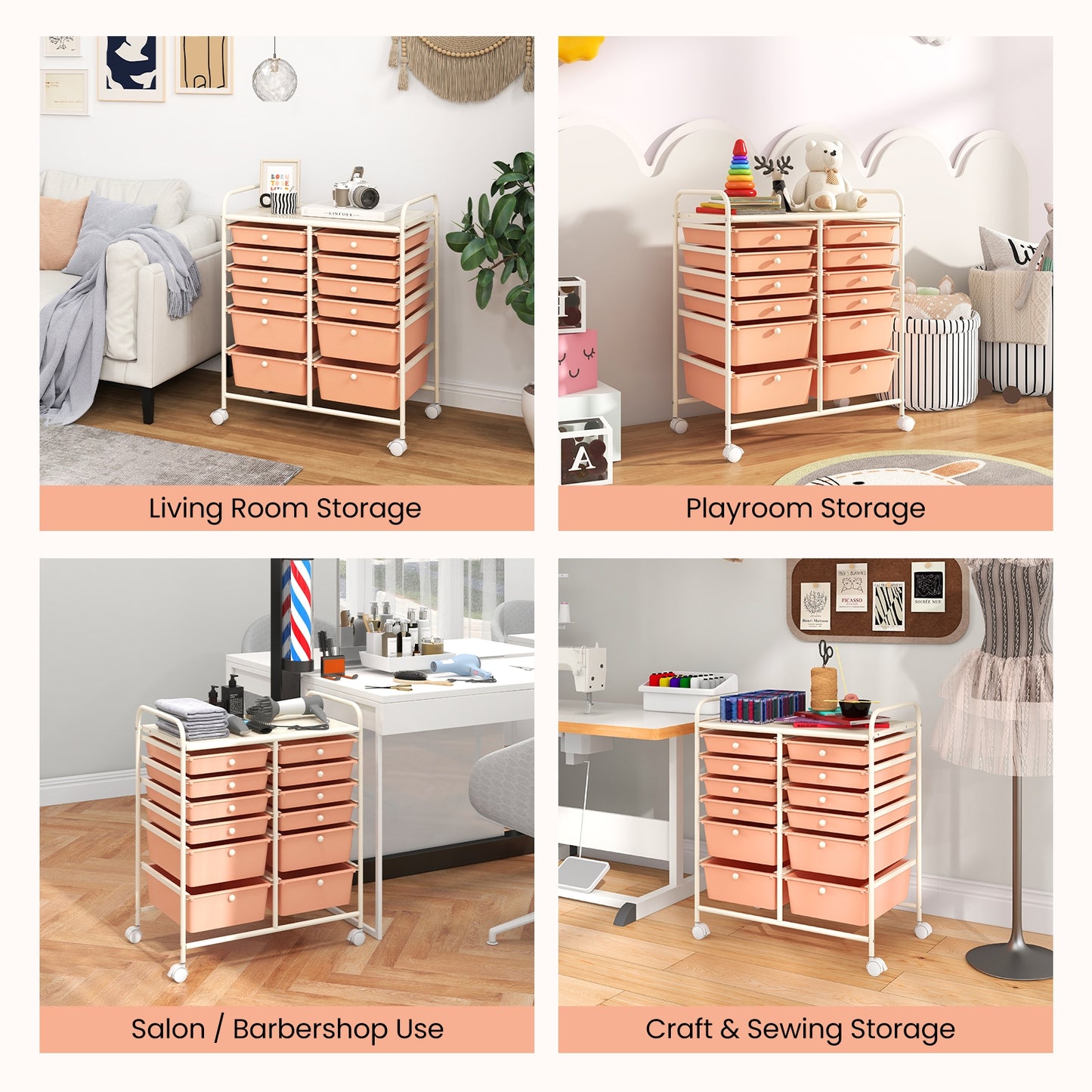 12-Drawer Rolling Storage Cart with Removable Drawers and Lockable Wheels, Peach File Cabinets   at Gallery Canada