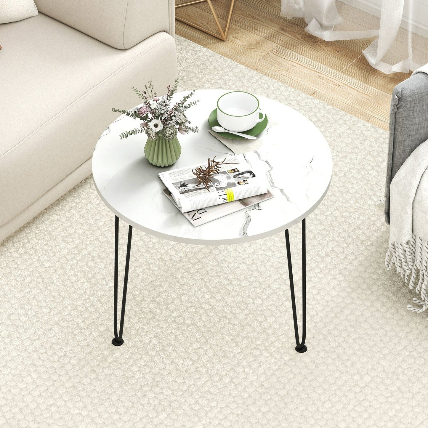 Round Coffee Table with Thickened Tabletop and Metal Tripod Legs, White End & Side Tables   at Gallery Canada