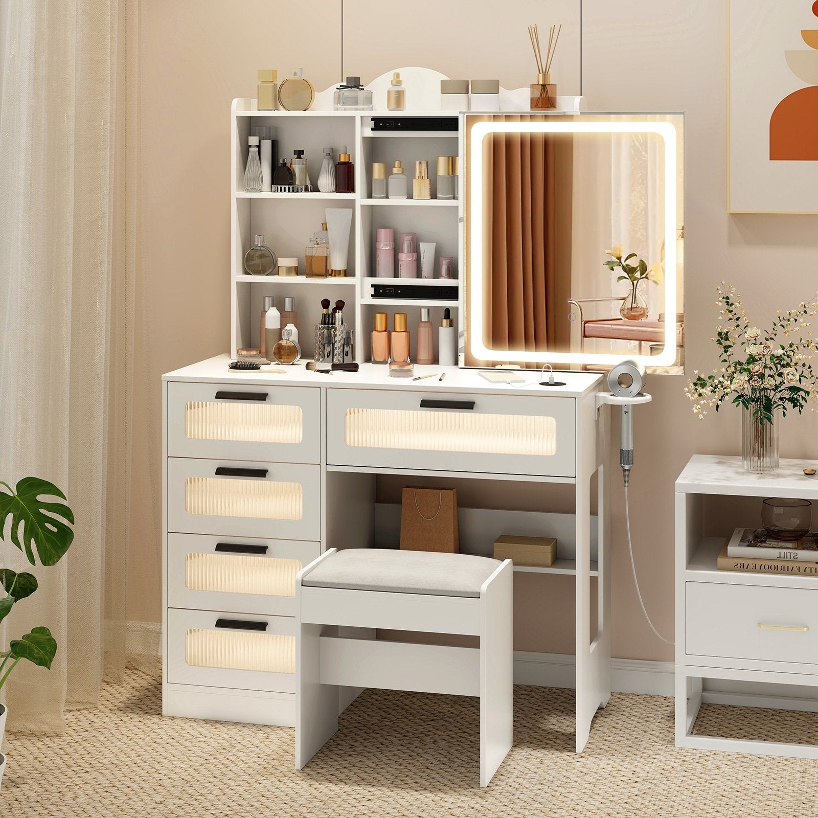 Makeup Vanity Desk with Mirror and Charging Station, White Makeup Vanities   at Gallery Canada