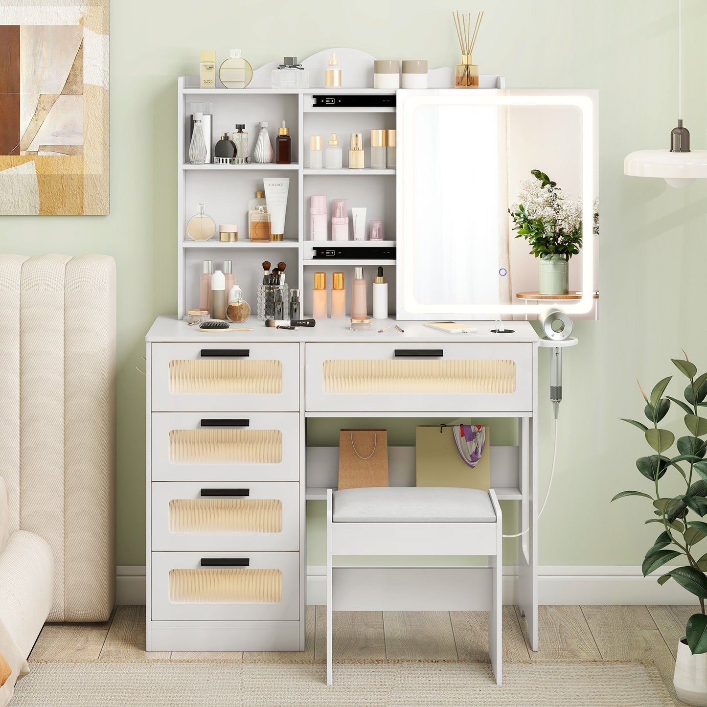 Makeup Vanity Desk with Mirror and Charging Station, White Makeup Vanities   at Gallery Canada