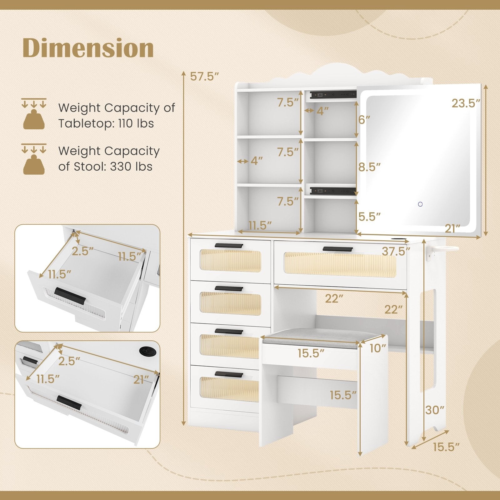 Makeup Vanity Desk with Mirror and Charging Station, White Makeup Vanities   at Gallery Canada