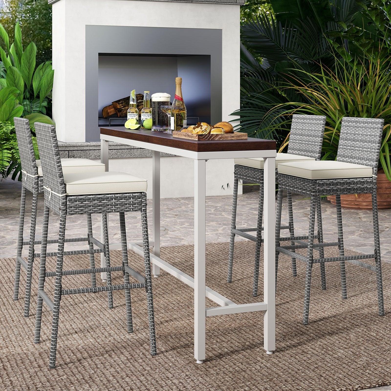 Set of 2/4 Patio Wicker Barstools with Soft Seat Cushion and Cozy Footrest-Set of 4, Gray Patio Bar Furniture   at Gallery Canada