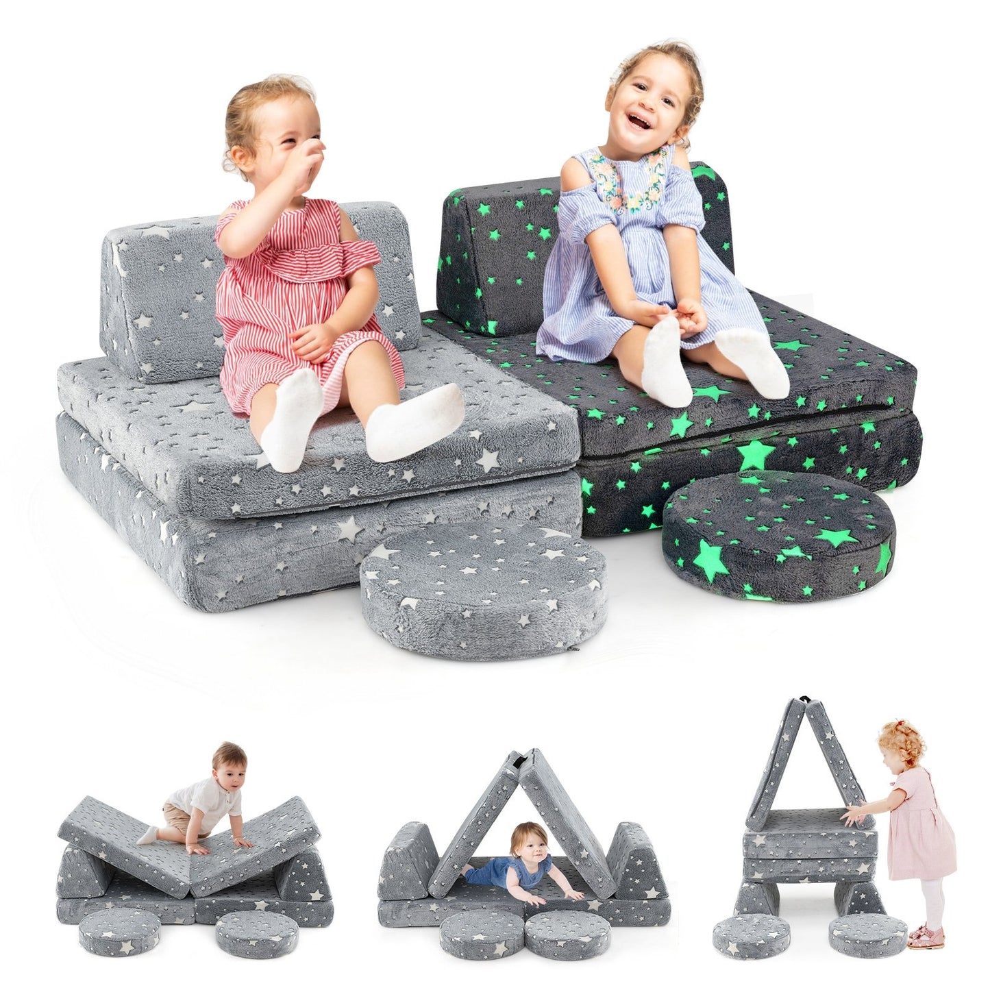 Modular Kids Play Couch Set Glow in the Dark with Portable Handles, Gray Kids Chairs & Seating   at Gallery Canada