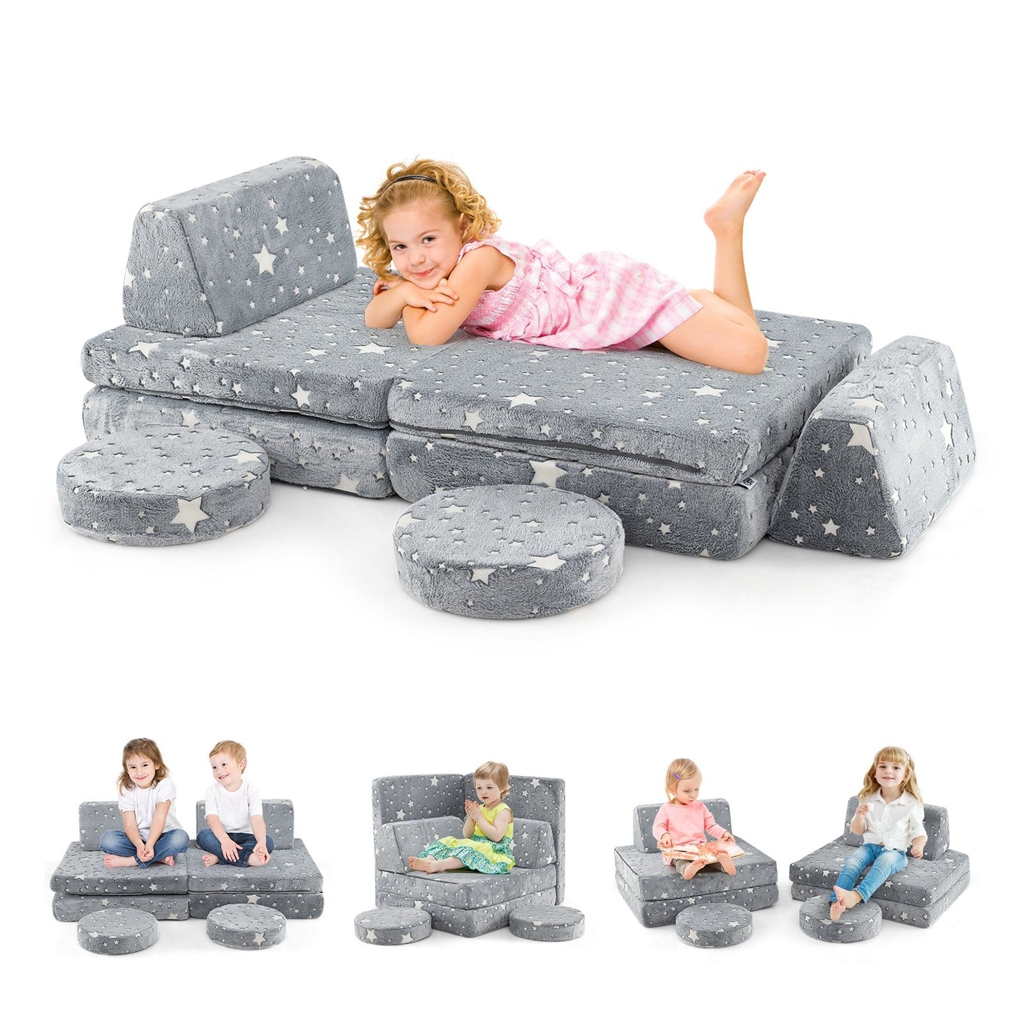 Modular Kids Play Couch Set Glow in the Dark with Portable Handles, Gray Kids Chairs & Seating   at Gallery Canada