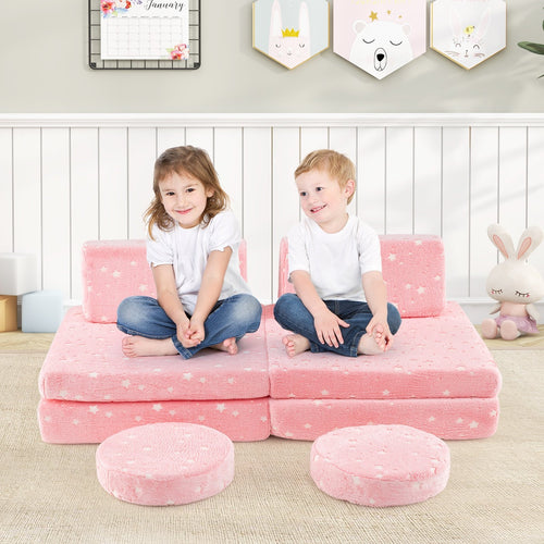 Modular Kids Play Couch Set Glow in the Dark with Portable Handles, Pink