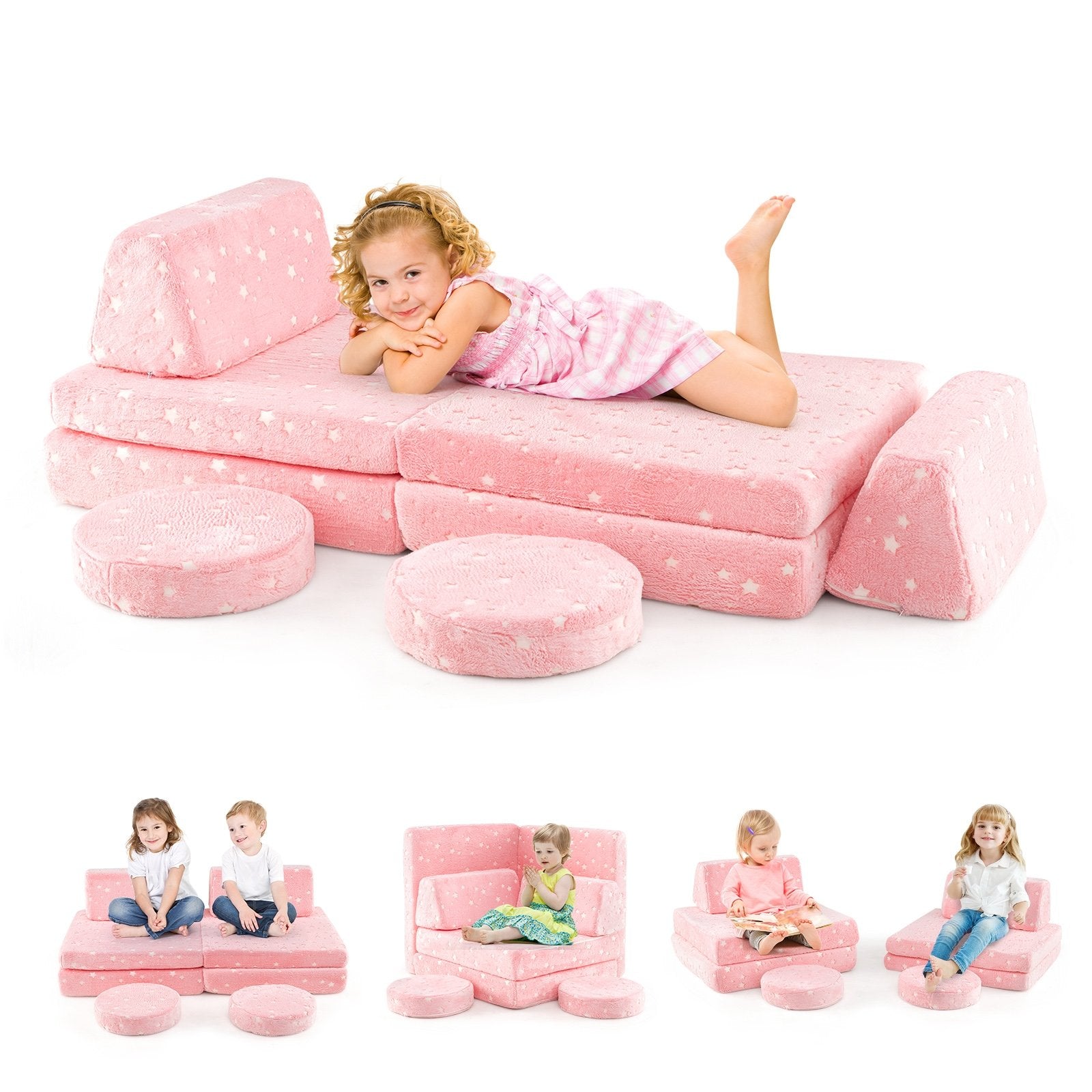 Modular Kids Play Couch Set Glow in the Dark with Portable Handles, Pink Kids Chairs & Seating   at Gallery Canada