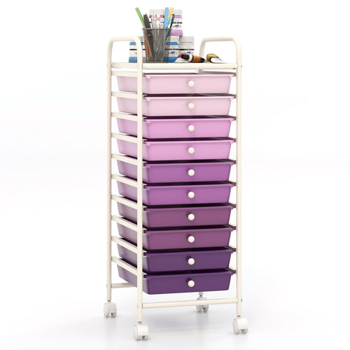 10 Drawer Rolling Storage Cart Organizer with 4 Universal Casters, Purple