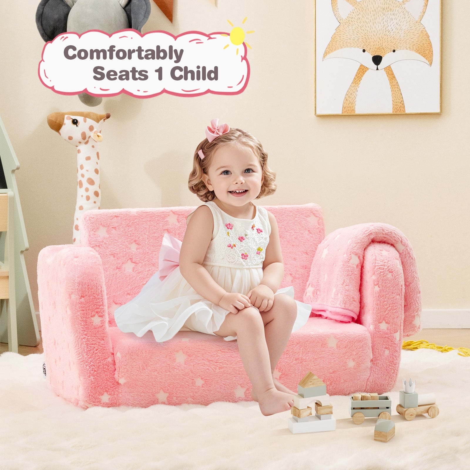 2-in-1 Folding Kids Couch with Blanket Glow in the Dark, Pink Kids Chairs & Seating at Gallery Canada