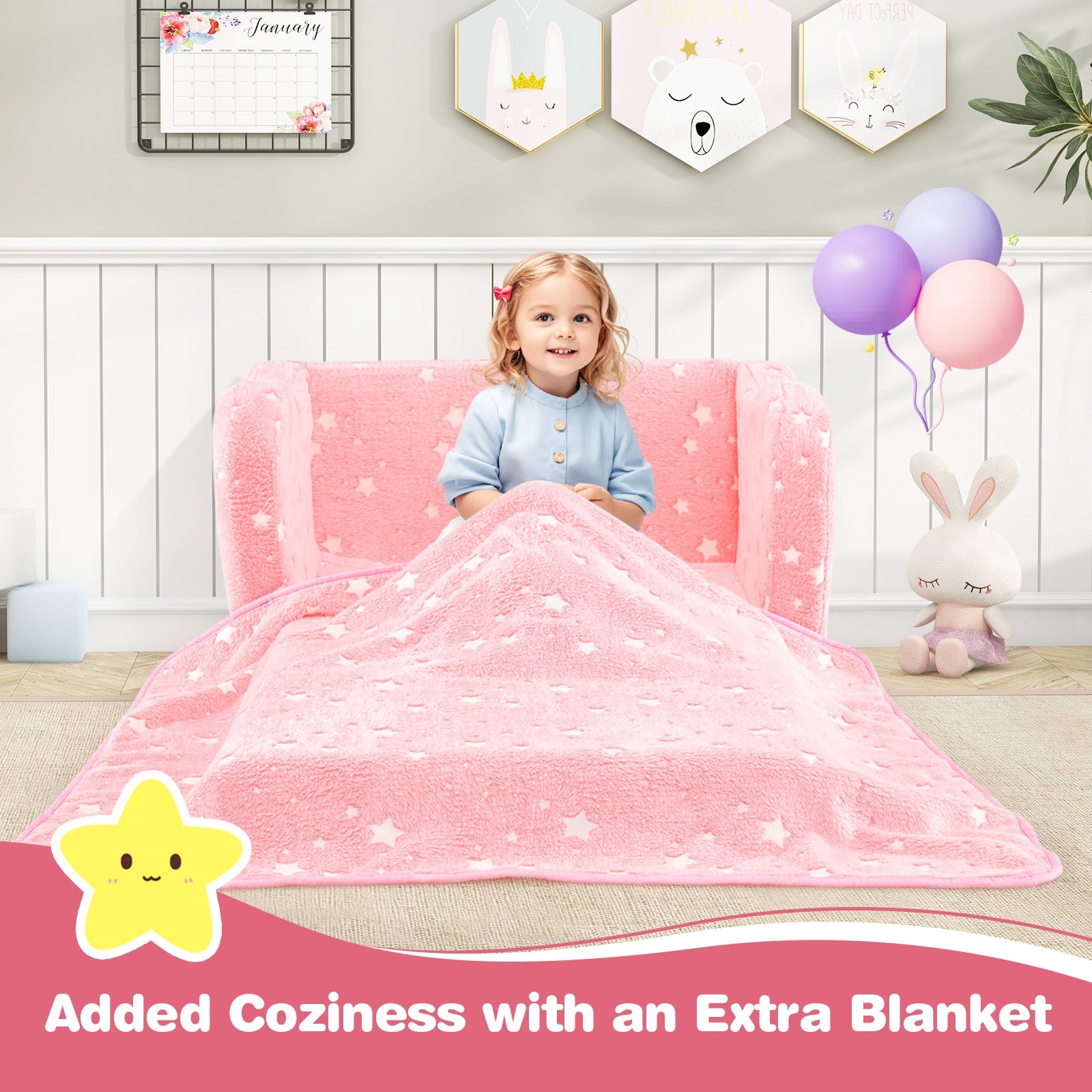 2-in-1 Folding Kids Couch with Blanket Glow in the Dark, Pink Kids Chairs & Seating at Gallery Canada