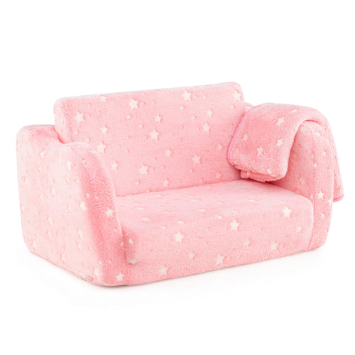 2-in-1 Folding Kids Couch with Blanket Glow in the Dark, Pink