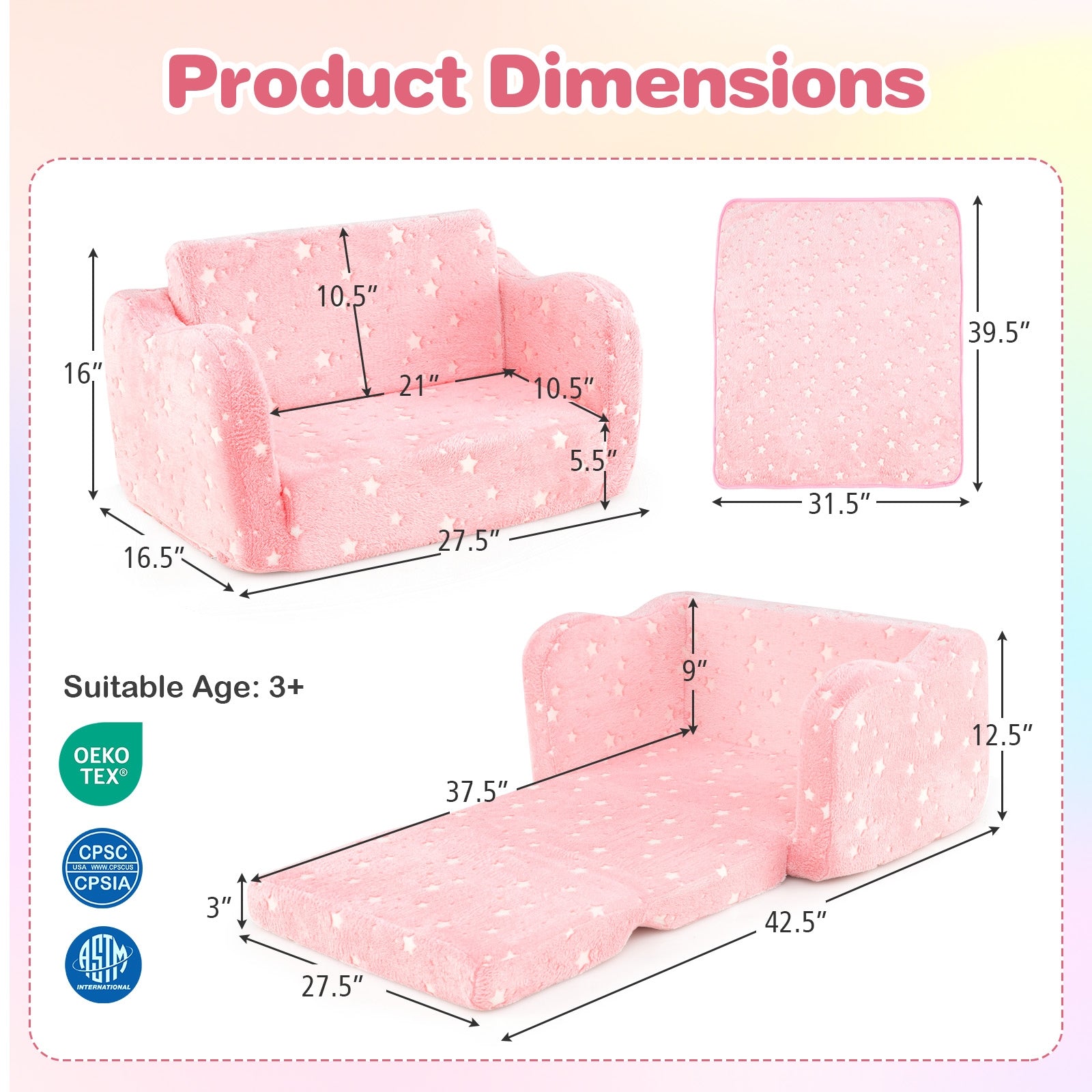 2-in-1 Folding Kids Couch with Blanket Glow in the Dark, Pink Kids Chairs & Seating at Gallery Canada